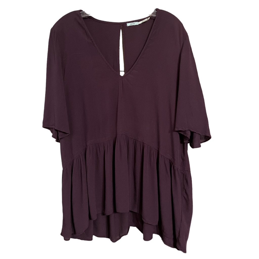 Anthro Kimchi Blue Plum Purple Low V Neck Open Back Peplum Hem Boho Top Sz L